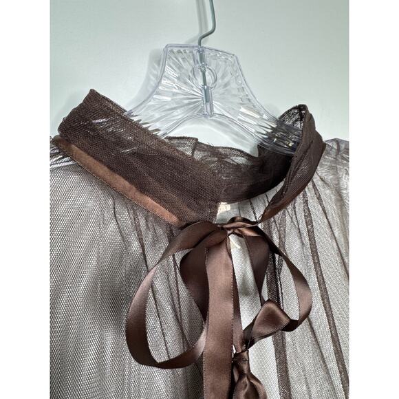 Free People Sheer Brown Tulle Ruffle Mini sexy  Dress with Bow Neck Tie large - Picture 8 of 11